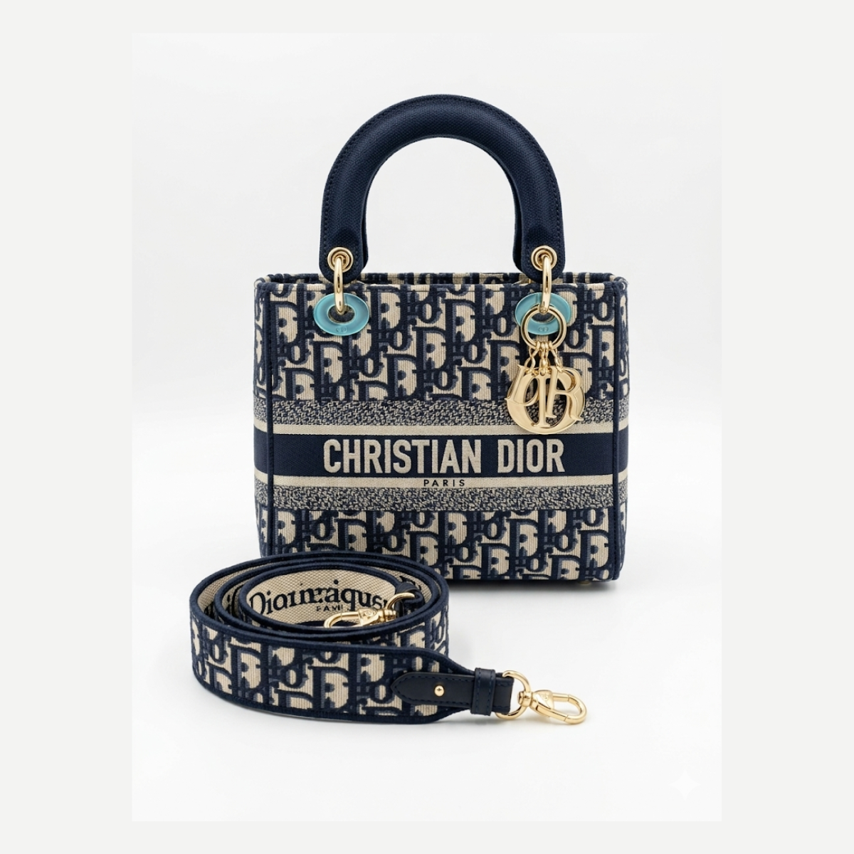 Dior Lady D-Lite bag in the mini size with blue Dior Oblique jacquard embroidery