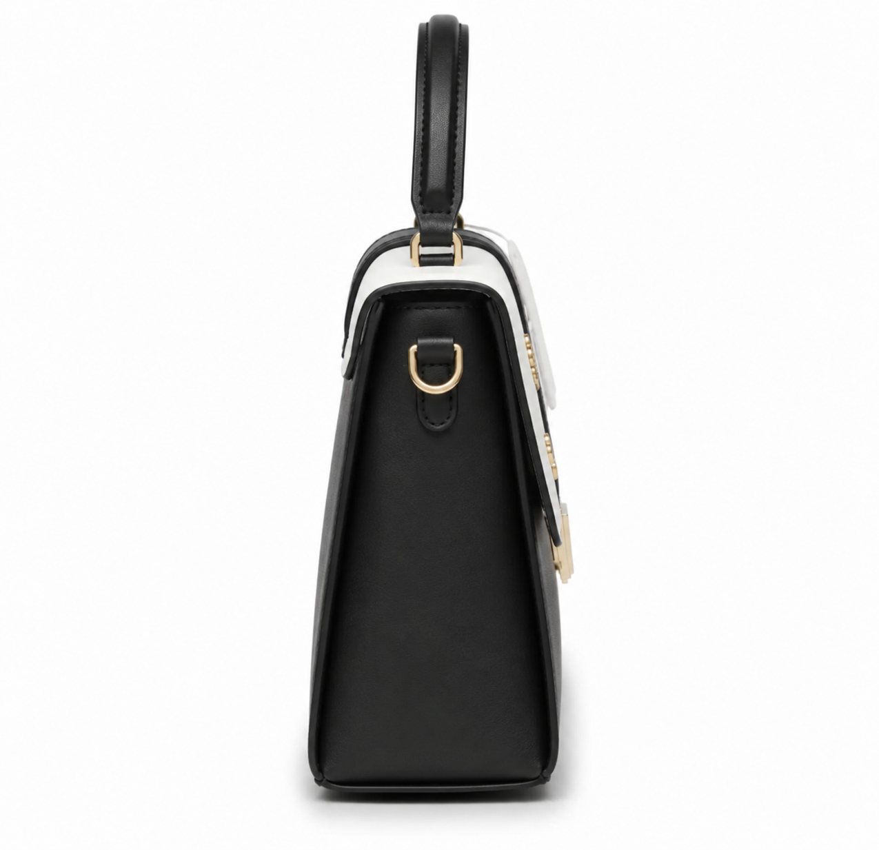 black and white top-handle satchel bag with a shoulder strap and gold-tone hardware