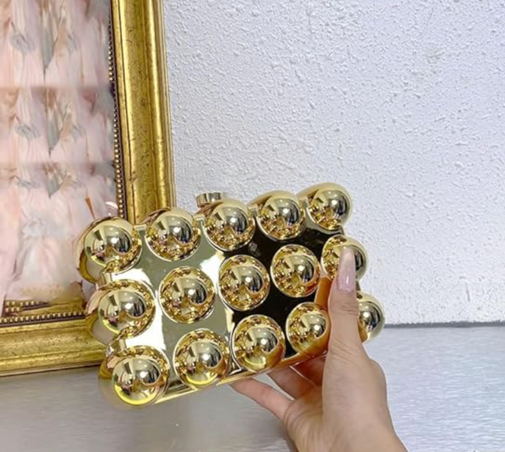 Bubble Acrylic Metal Clutch in Gold