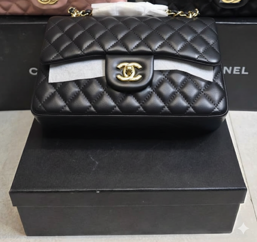 Chanel Mini Flap Bag in black lambskin leather with a gold-tone chain strap and CC turn-lock