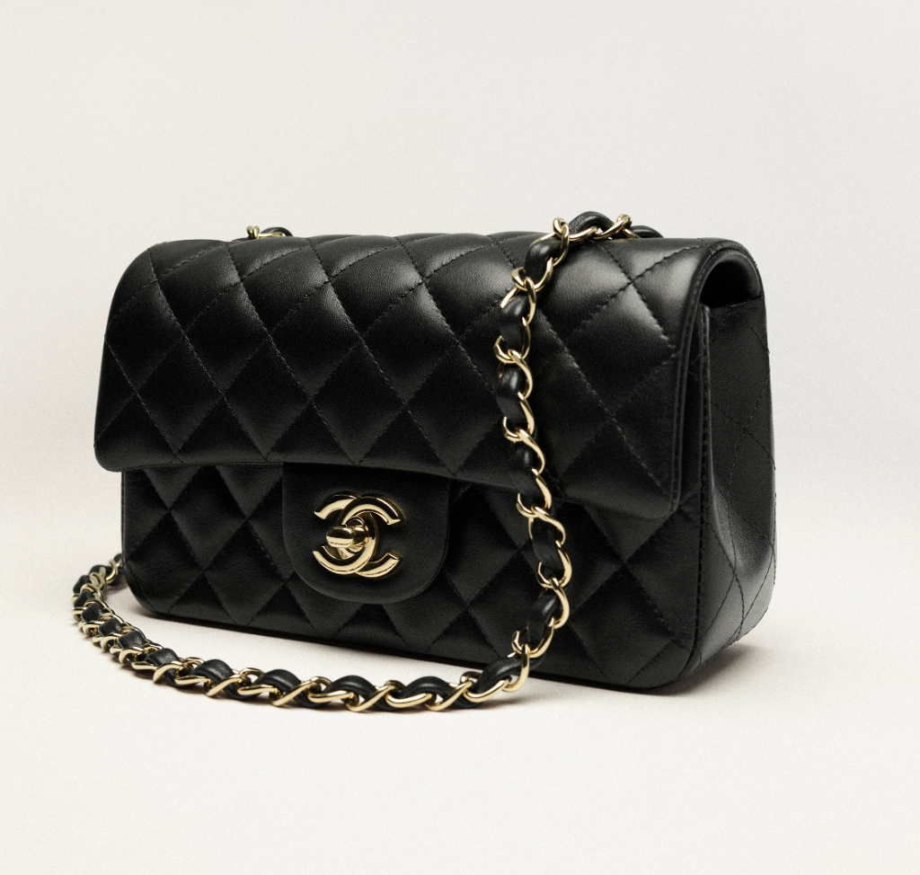 Chanel Mini Flap Bag in black lambskin leather with a gold-tone chain strap and CC turn-lock