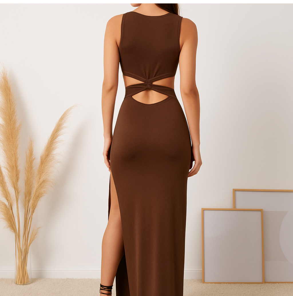Elegant Brown Cut-Out Maxi Dress