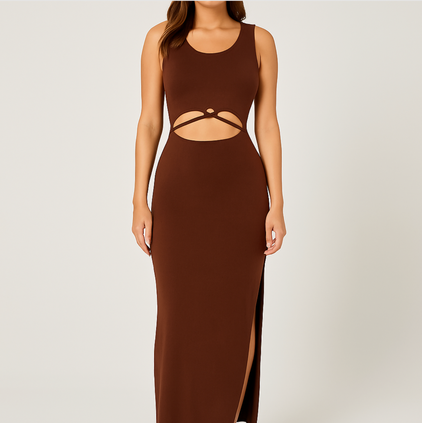 Elegant Brown Cut-Out Maxi Dress