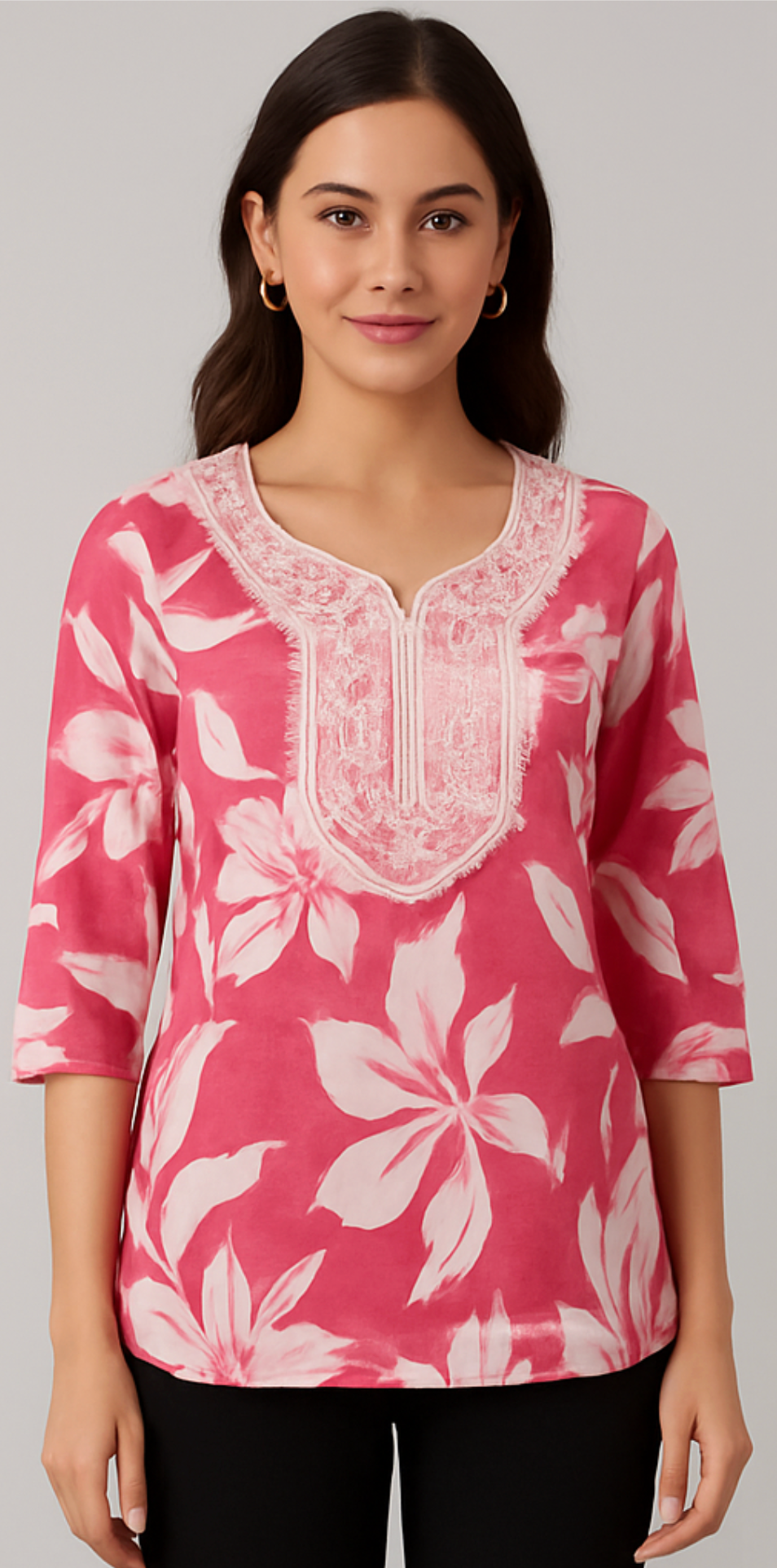 Elegant Dark Pink Floral Waist-Length Short Kurta
