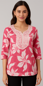 Elegant Dark Pink Floral Waist-Length Short Kurta
