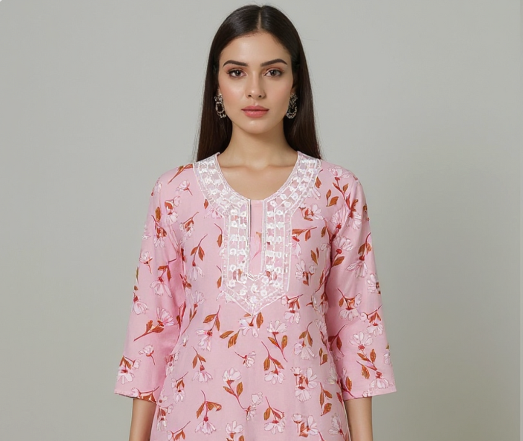 Elegant Lite Pink Floral Waist-Length Short Kurta
