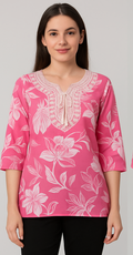 Elegant Pink Floral Waist-Length Short Kurta