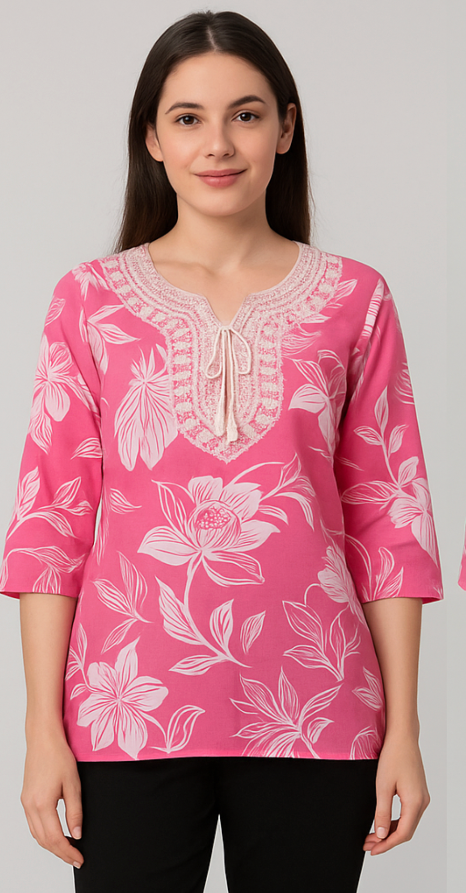 Elegant Pink Floral Waist-Length Short Kurta