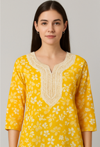 Elegant Yellow Floral Waist-Length Short Kurta