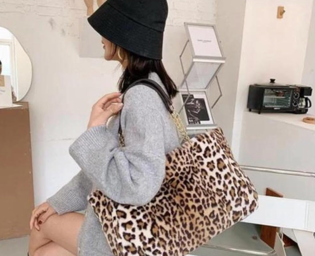 Fur Tote Hand Bag in White Cheetah colour