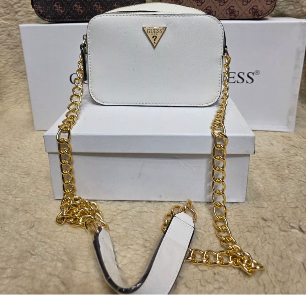 Guess Noelle Crossbody Camera Bag in white textured polyurethane material.
