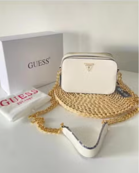 Guess Noelle Crossbody Camera Bag in white textured polyurethane material.