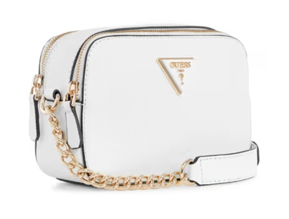 Guess Noelle Crossbody Camera Bag in white textured polyurethane material.
