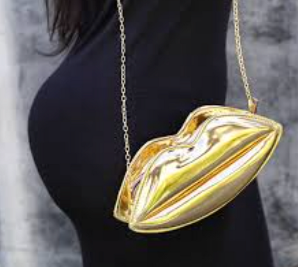 Lips Shaped Metal Hand Bag in Gold