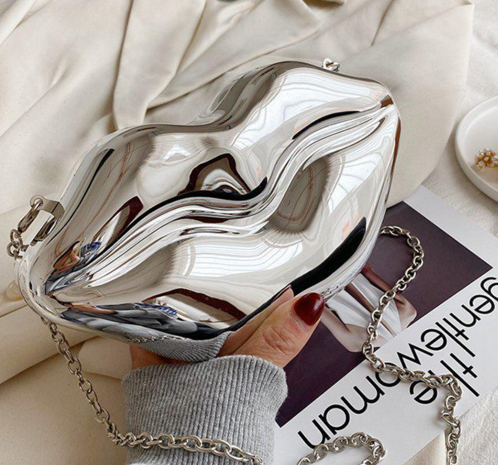 Lips Shaped Metal Hand Bag in Silver