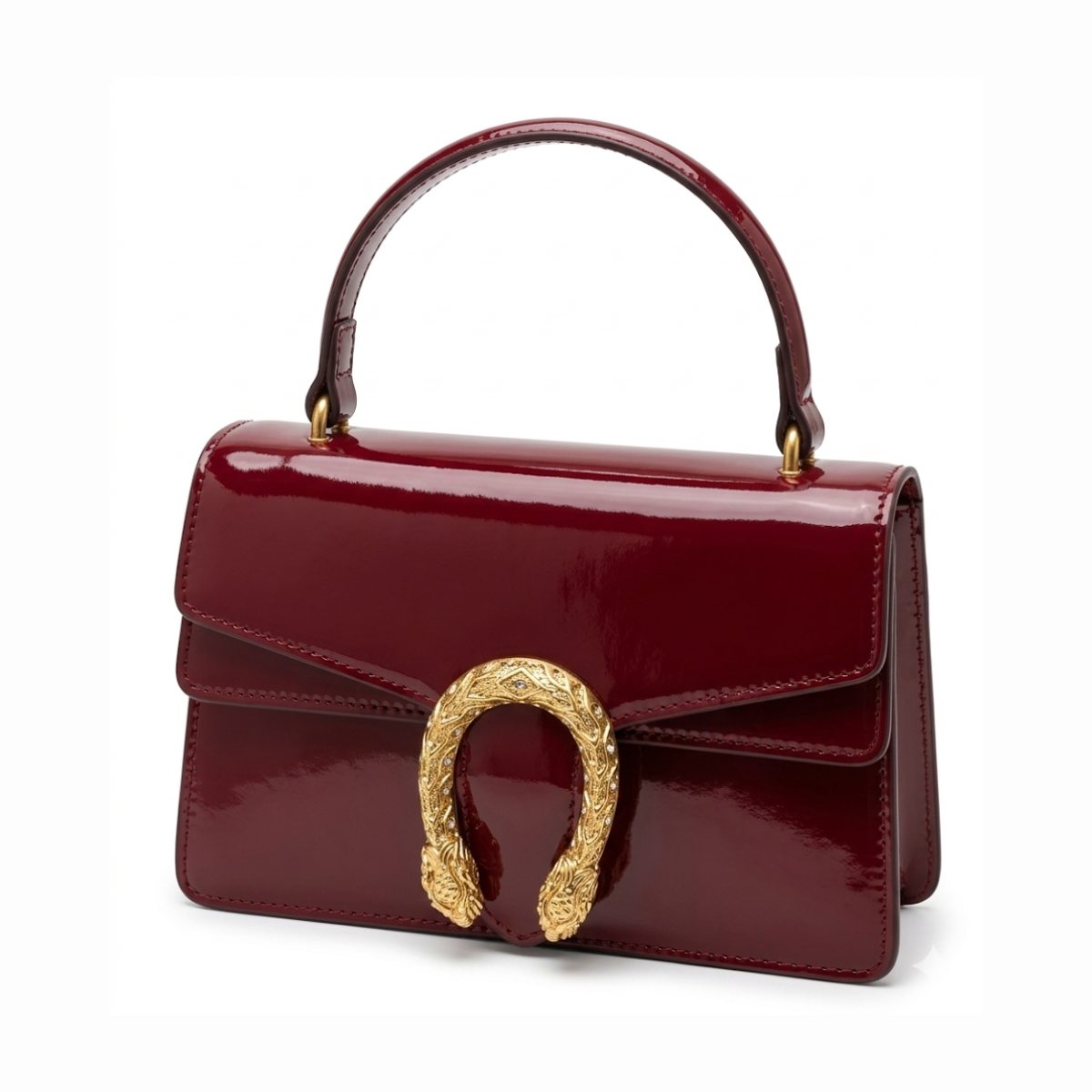 Maroon Gucci Dionysus top handle bag with a silver-tone tiger head closure.