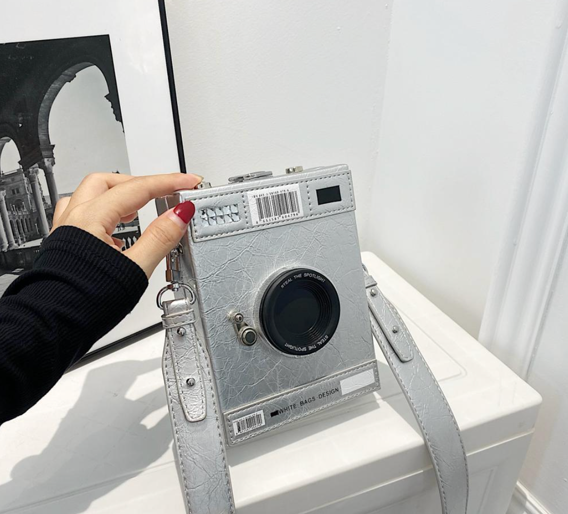 Old school camera statement Hand Bag in Ash Colour