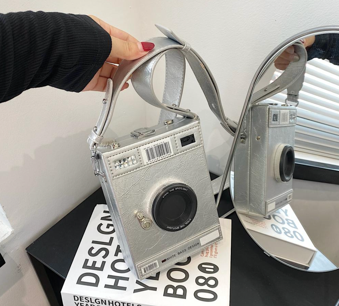 Old school camera statement Hand Bag in Ash Colour