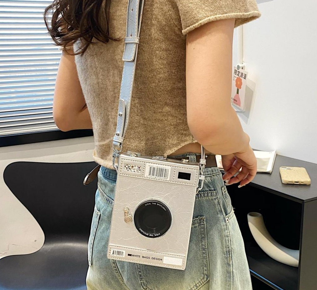 Old school camera statement Hand Bag in Ash Colour