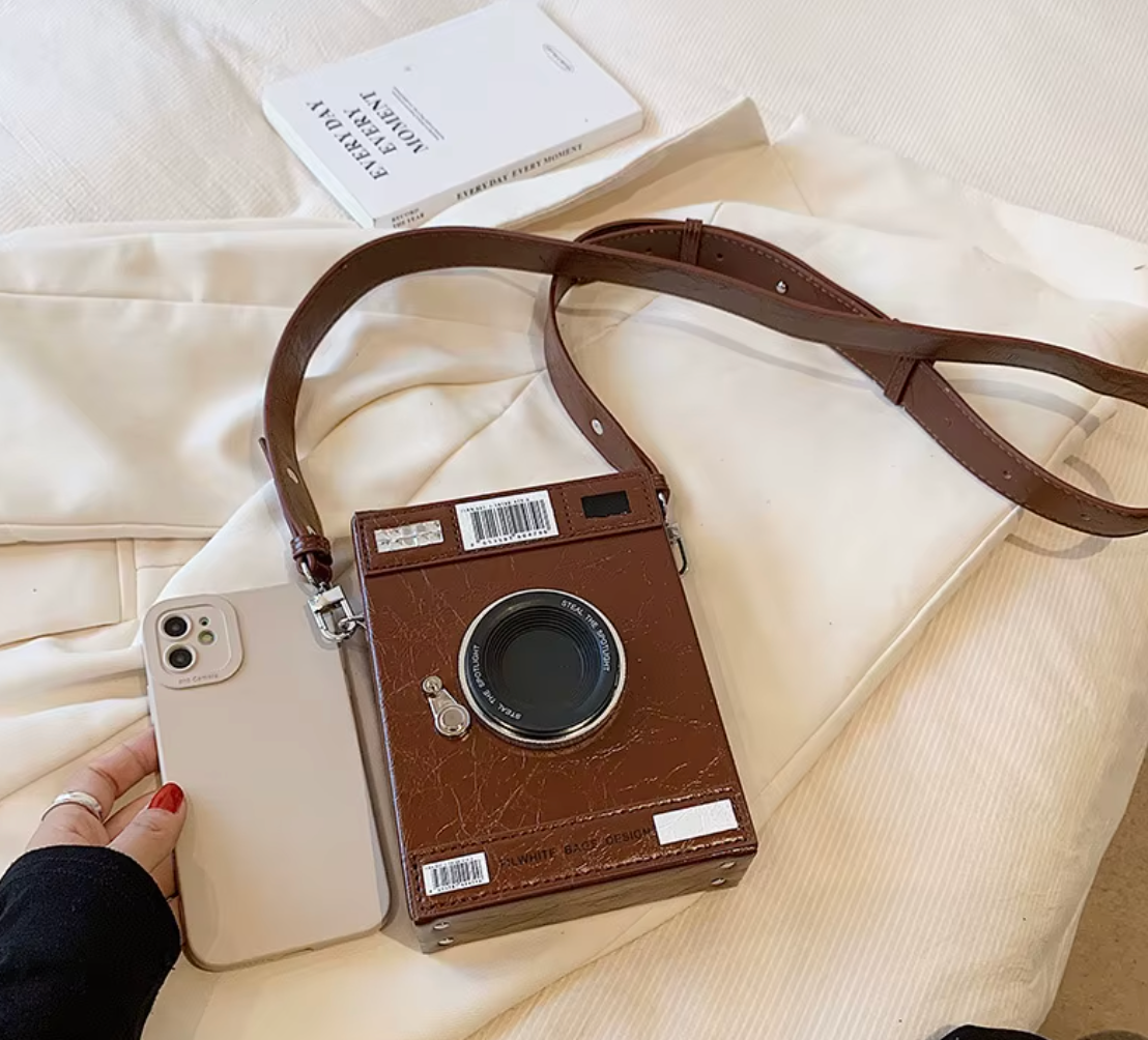 Old school camera statement Hand Bag in Brown