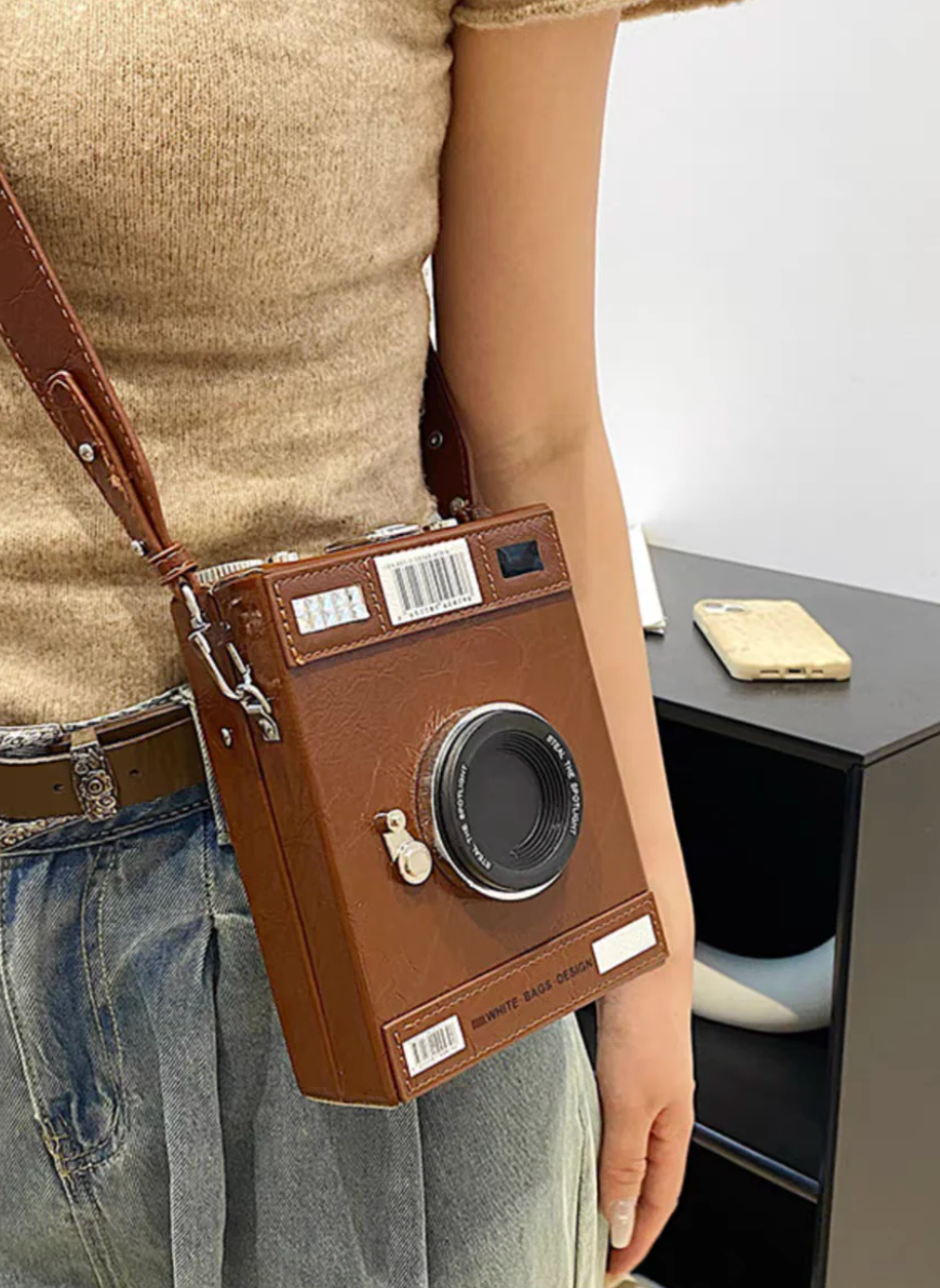 Old school camera statement Hand Bag in Brown