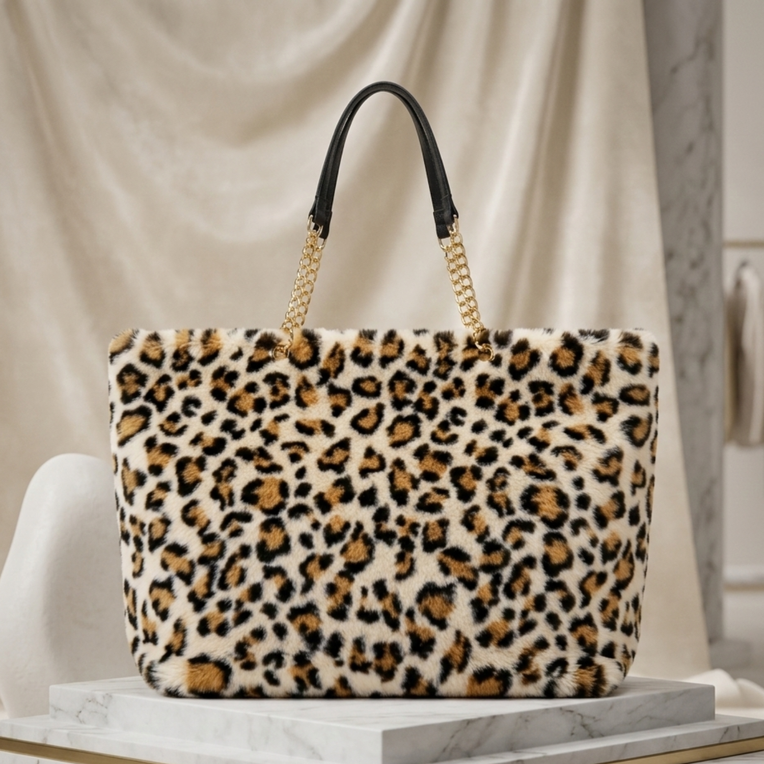 Fur Tote Hand Bag in White Cheetah colour