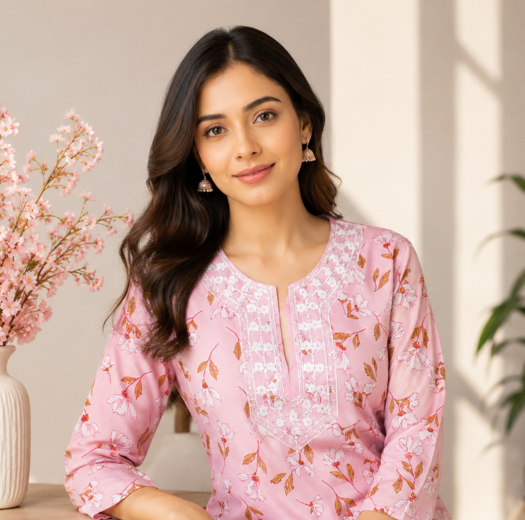 Elegant Lite Pink Floral Waist-Length Short Kurta
