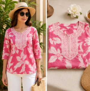 Elegant Dark Pink Floral Waist-Length Short Kurta