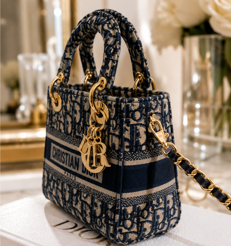 Dior Lady D-Lite bag in the mini size with blue Dior Oblique jacquard embroidery