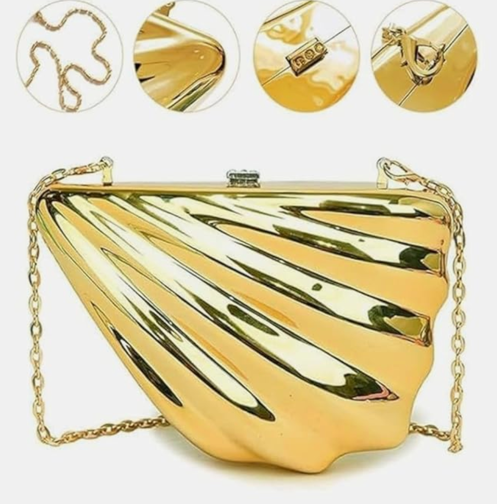 Shell Shaped Metal Hand Bag in Gold