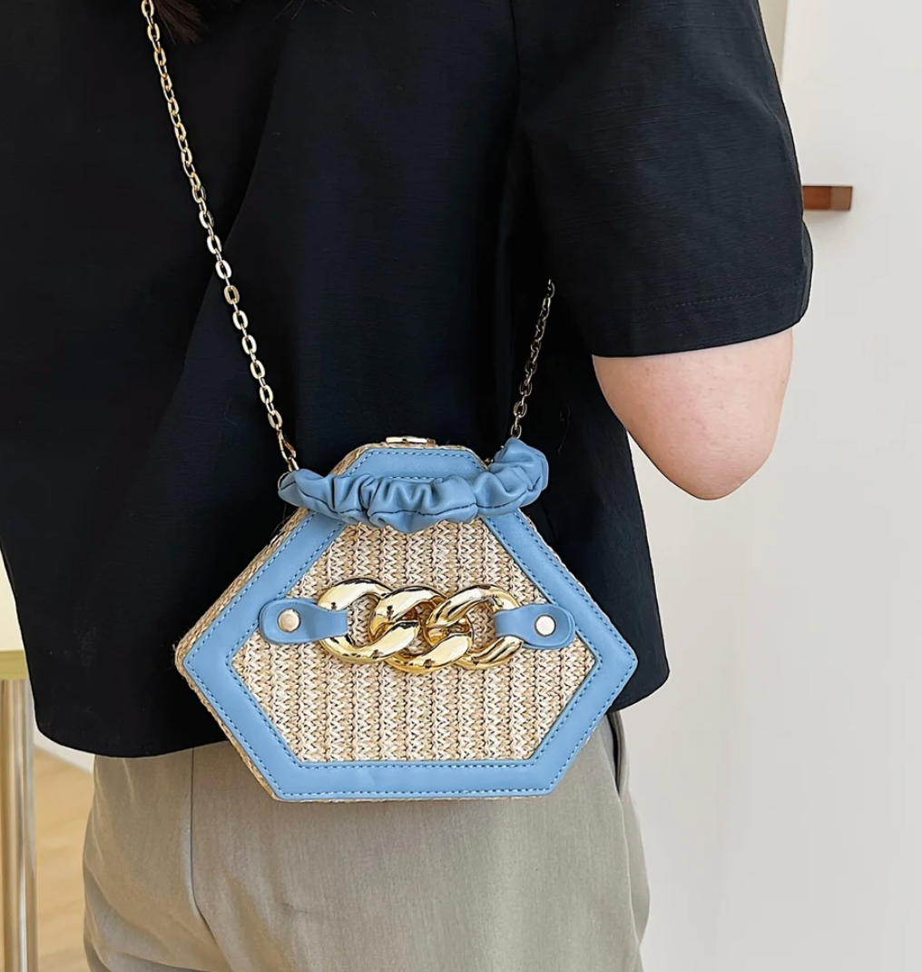 Straw Bag Rattan Women Shoulder Bag in Blue