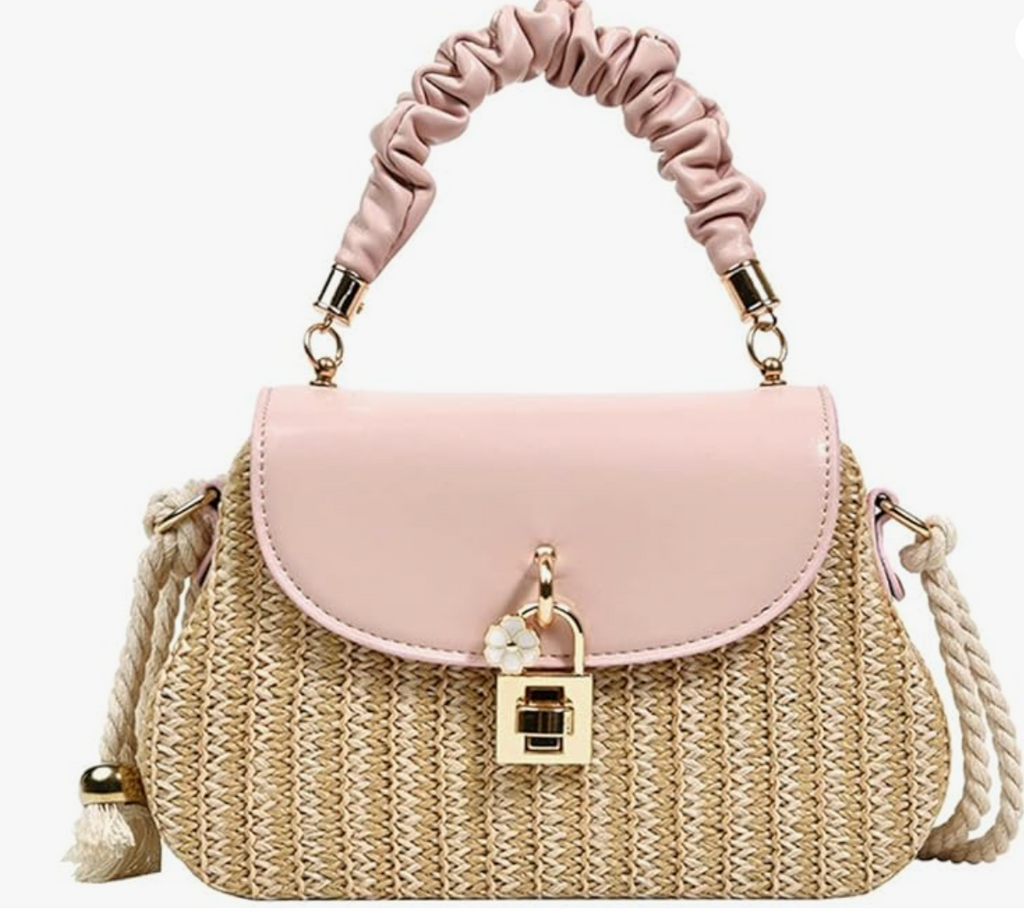 Straw Bag Rattan Women Shoulder Bag in Pink