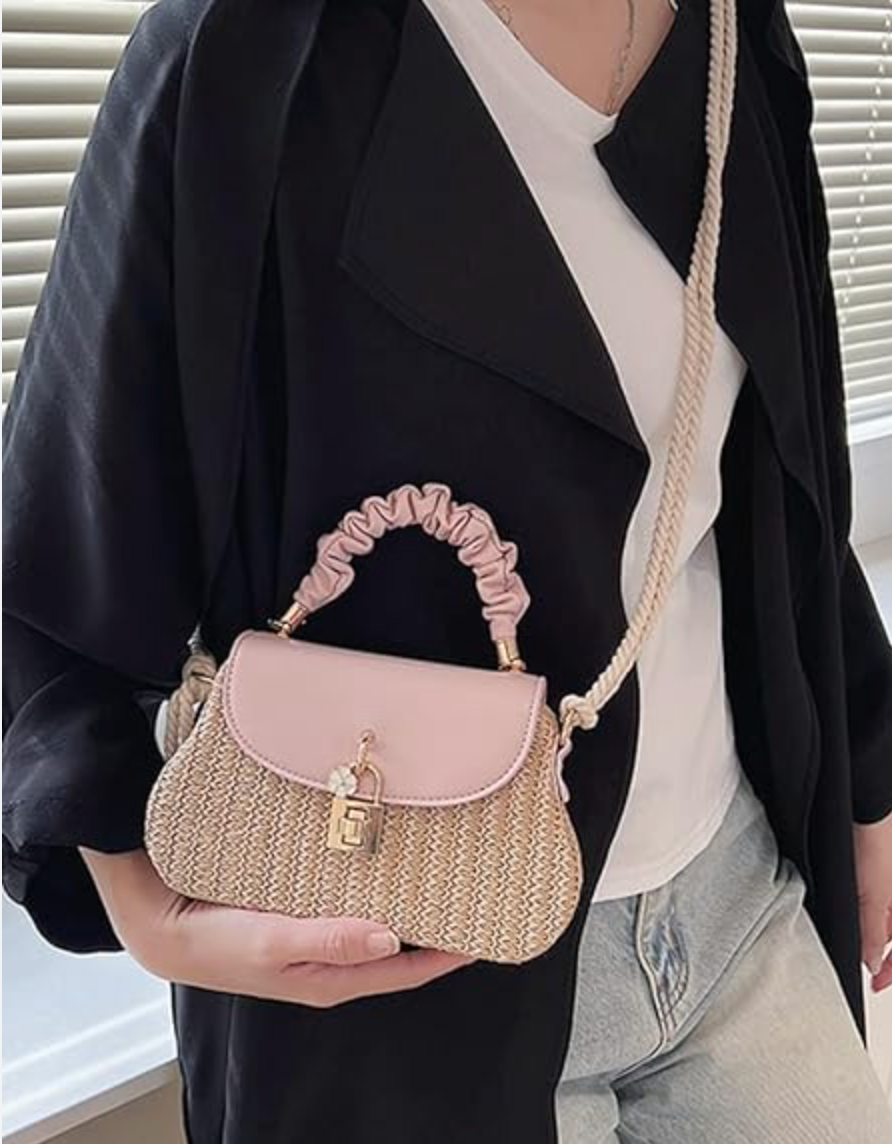 Straw Bag Rattan Women Shoulder Bag in Pink