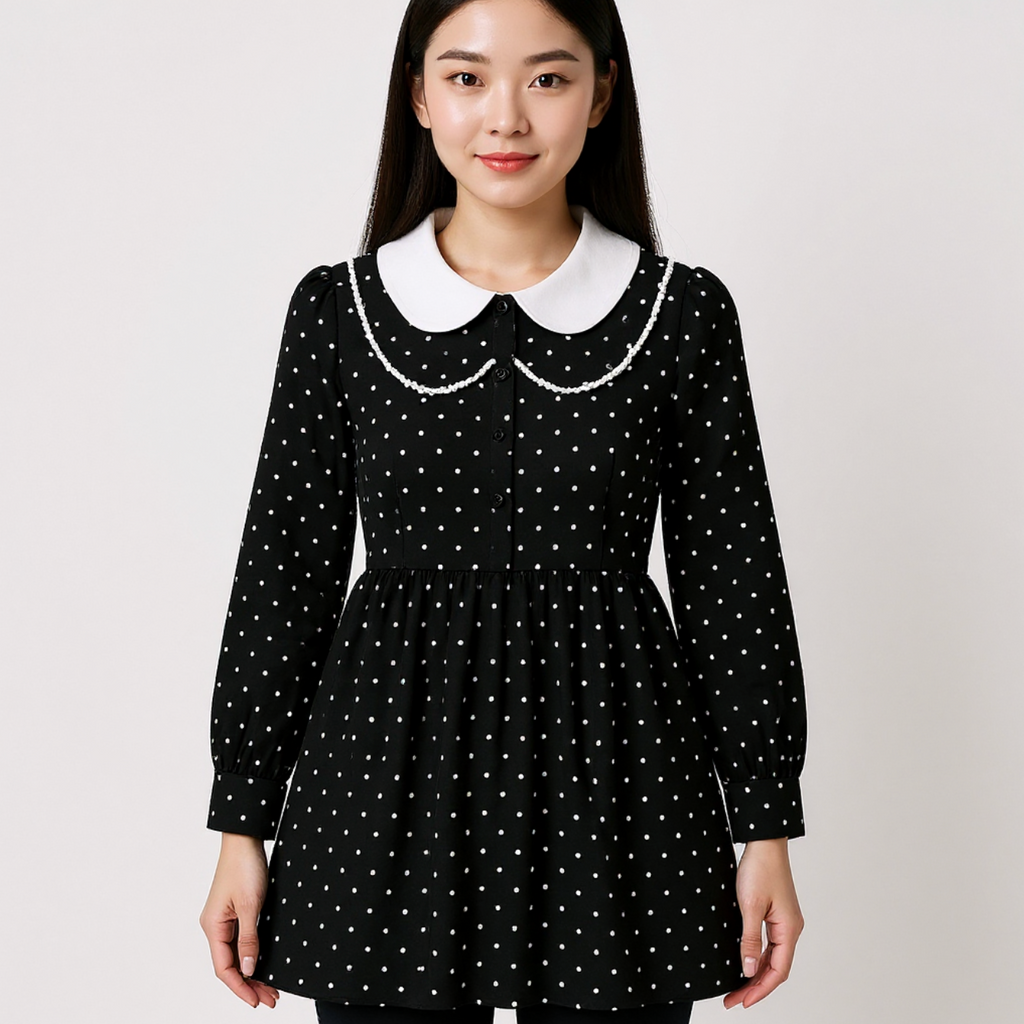Vintage retro black collar frock with white heart shaped dots