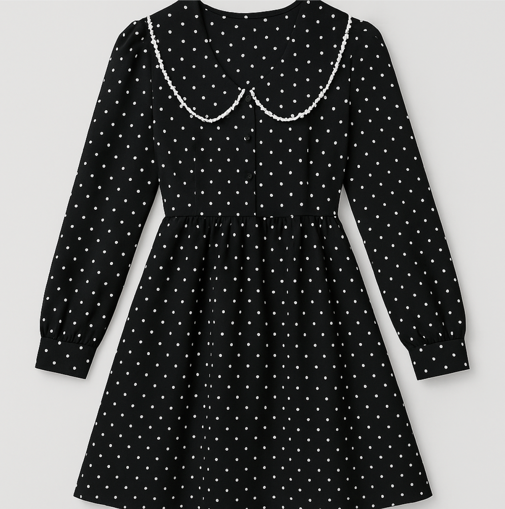 Vintage retro black collar frock with white heart shaped dots