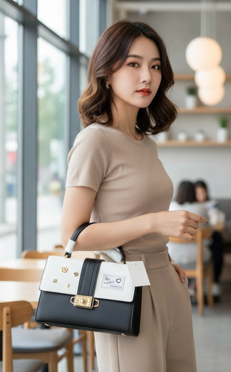 black and white top-handle satchel bag with a shoulder strap and gold-tone hardware