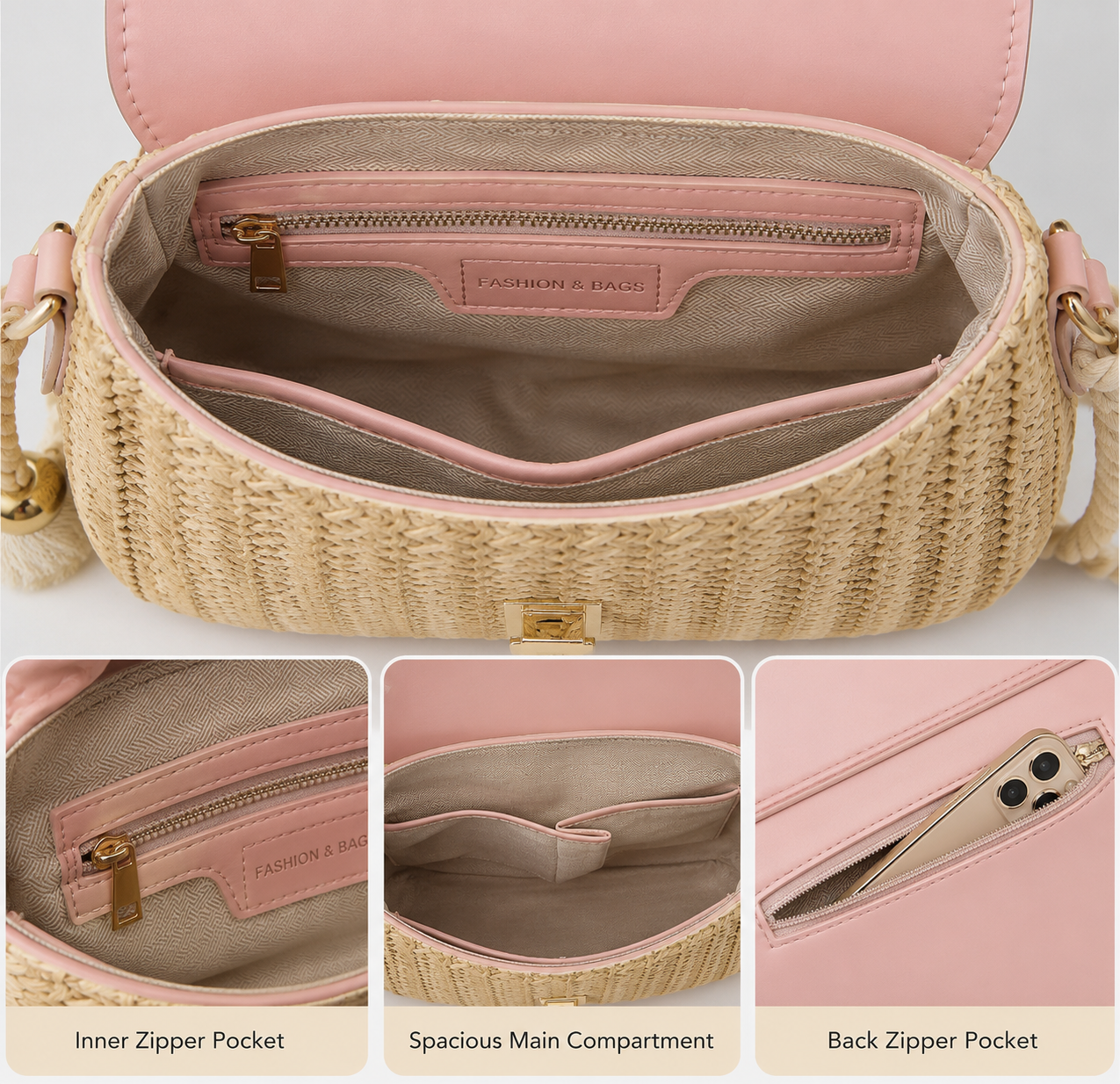 Straw Bag Rattan Women Shoulder Bag in Pink
