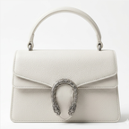 white Gucci Dionysus top handle bag with a silver-tone tiger head closure.